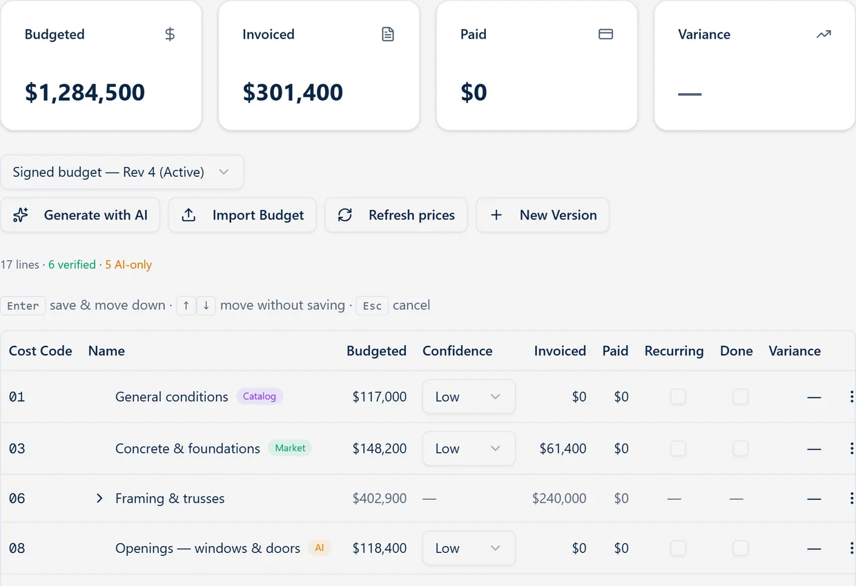 VantageBid budget tab showing cost-coded estimate lines with budgeted and invoiced columns, totaling $1,284,500