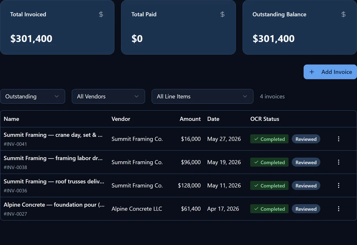 VantageBid invoices tab showing vendor bills with amounts, dates, and completed OCR status