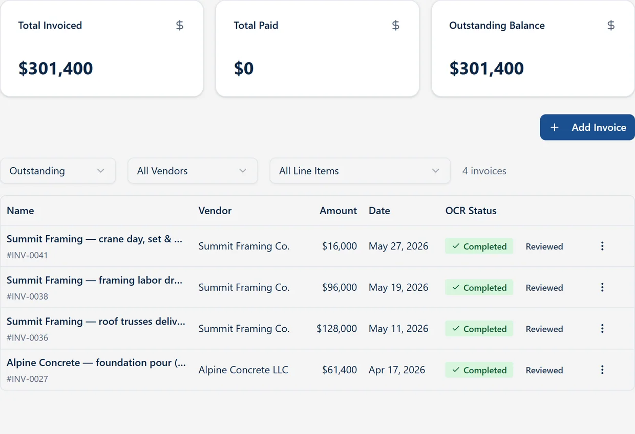 VantageBid invoices tab showing vendor bills with amounts, dates, and completed OCR status